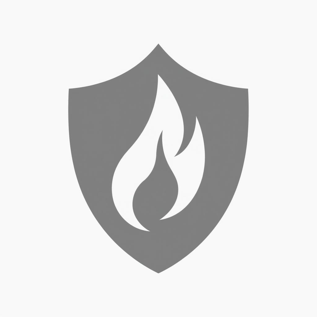 A simple and clean white fire icon in a shield shape with a transparent background, focusing on smooth lines and a clear depiction of a flame within a shield outline