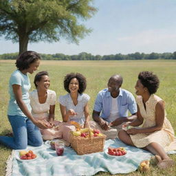 A vibrant rural scene depicting a group of African American individuals joyfully engaging in a picnic on a sunny day in a large, grassy field.