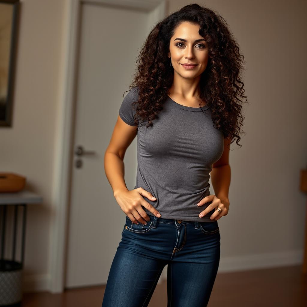 A sexy 45-year-old mom with long curly brunette hair is standing confidently