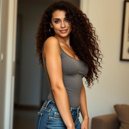 A sexy 45-year-old mom with long curly brunette hair is standing confidently