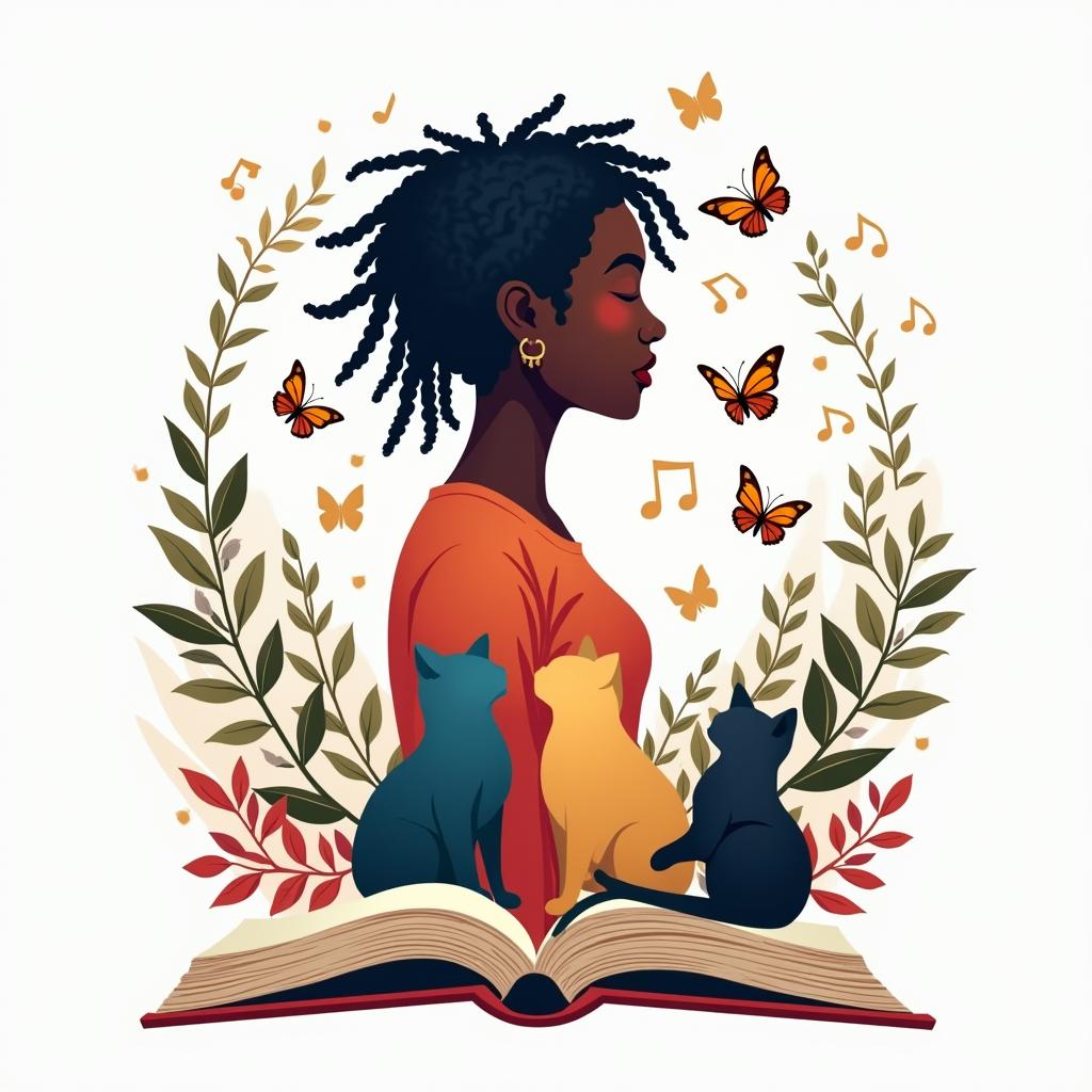 Design a vibrant and engaging logo for a health and wellness book featuring a side silhouette of a lady with short dreadlocks, music notes, butterflies, two cats, and an open book