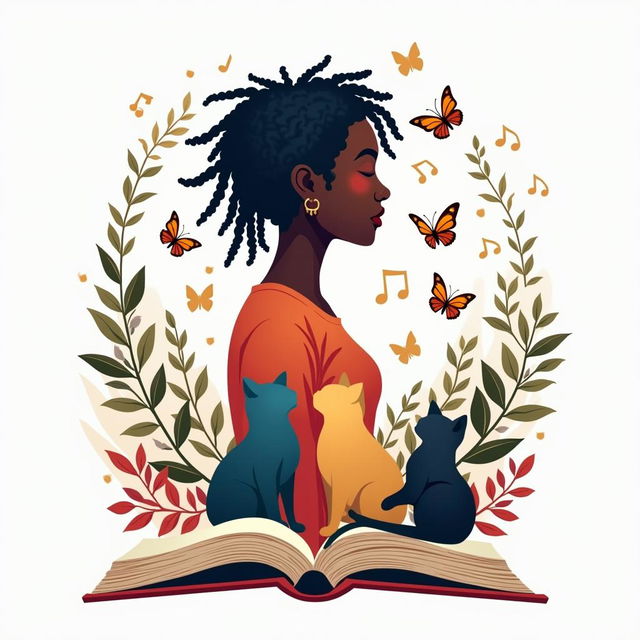 Design a vibrant and engaging logo for a health and wellness book featuring a side silhouette of a lady with short dreadlocks, music notes, butterflies, two cats, and an open book