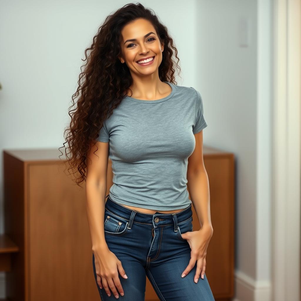 A sexy 45-year-old mom with long curly brunette hair is standing confidently