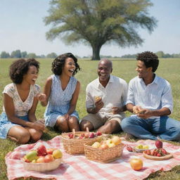 A vibrant rural scene depicting a group of African American individuals joyfully engaging in a picnic on a sunny day in a large, grassy field.