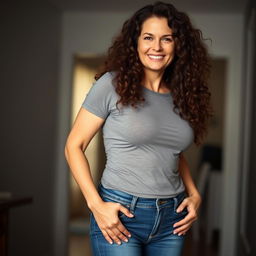 A sexy 45-year-old mom with long curly brunette hair is standing confidently