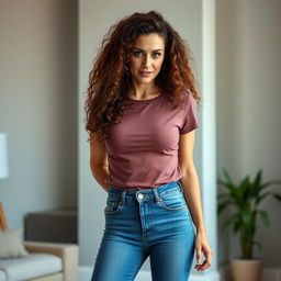 A realistic photo of a sexy 45-year-old mom with long curly brunette hair is standing confidently