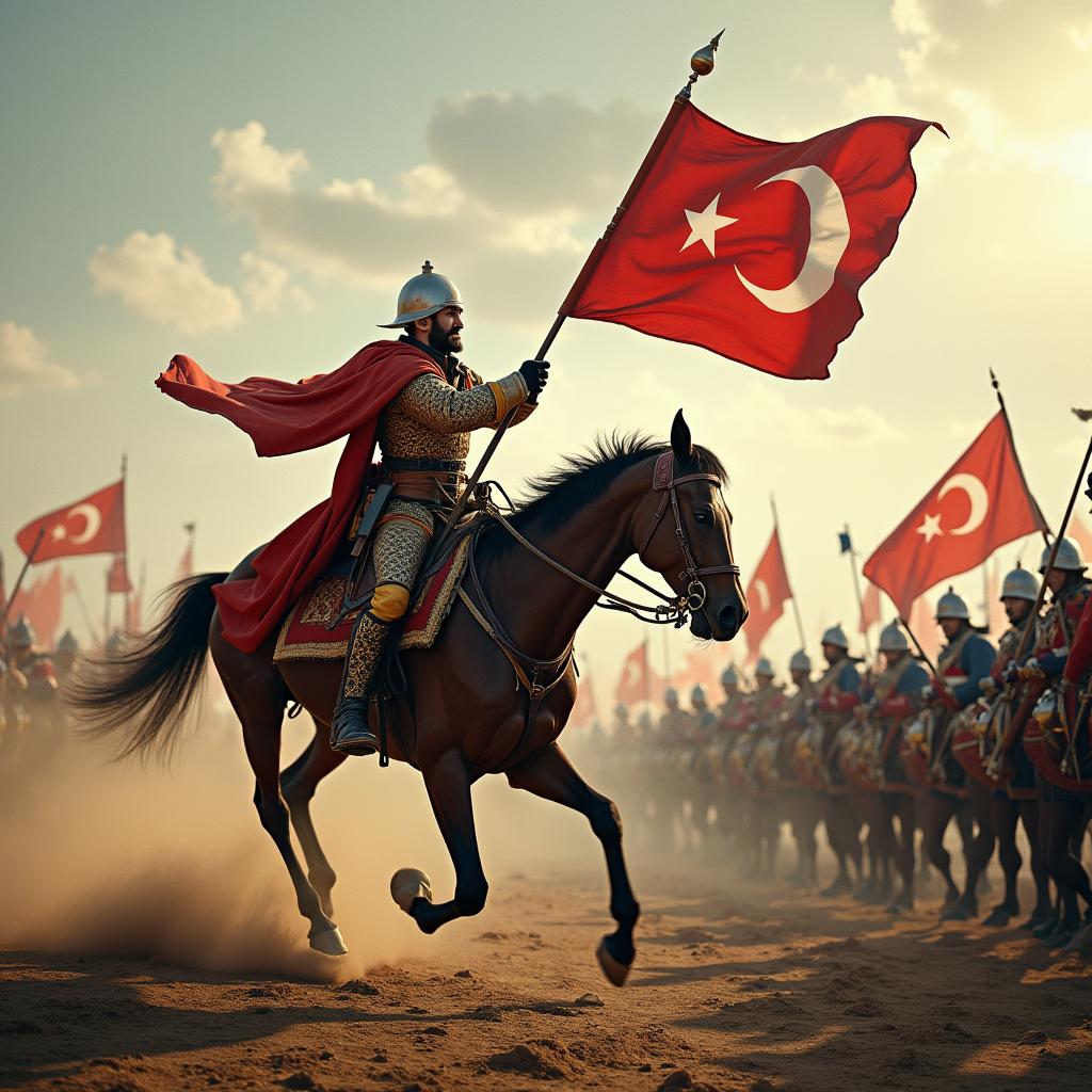 A Turkish horseman in traditional Ottoman military attire knocks down 20 French soldiers with a flag and waves the French flag tied with a white flag on a chaotic battlefield