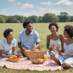 A vibrant rural scene depicting a group of African American individuals joyfully engaging in a picnic on a sunny day in a large, grassy field.