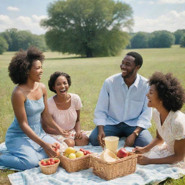 A vibrant rural scene depicting a group of African American individuals joyfully engaging in a picnic on a sunny day in a large, grassy field.