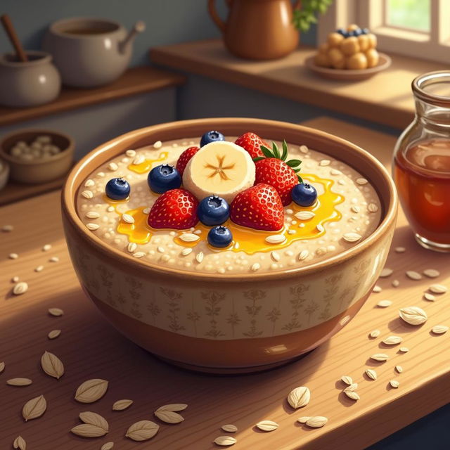 A detailed illustration of a bowl of porridge with fresh fruits and honey in a cozy kitchen setting.