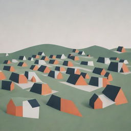 A minimalist village composed of simple shapes such as triangles, rectangles and circles, with only a few houses.