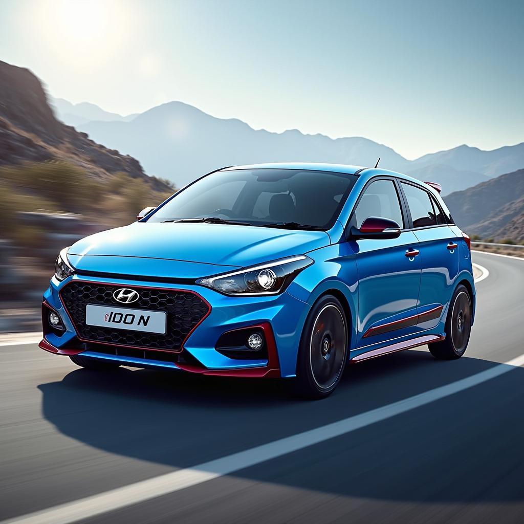 A detailed image of a Hyundai i20 N on a dynamic setting like a mountain road or racetrack, showcasing its sporty design, vibrant color, and performance features