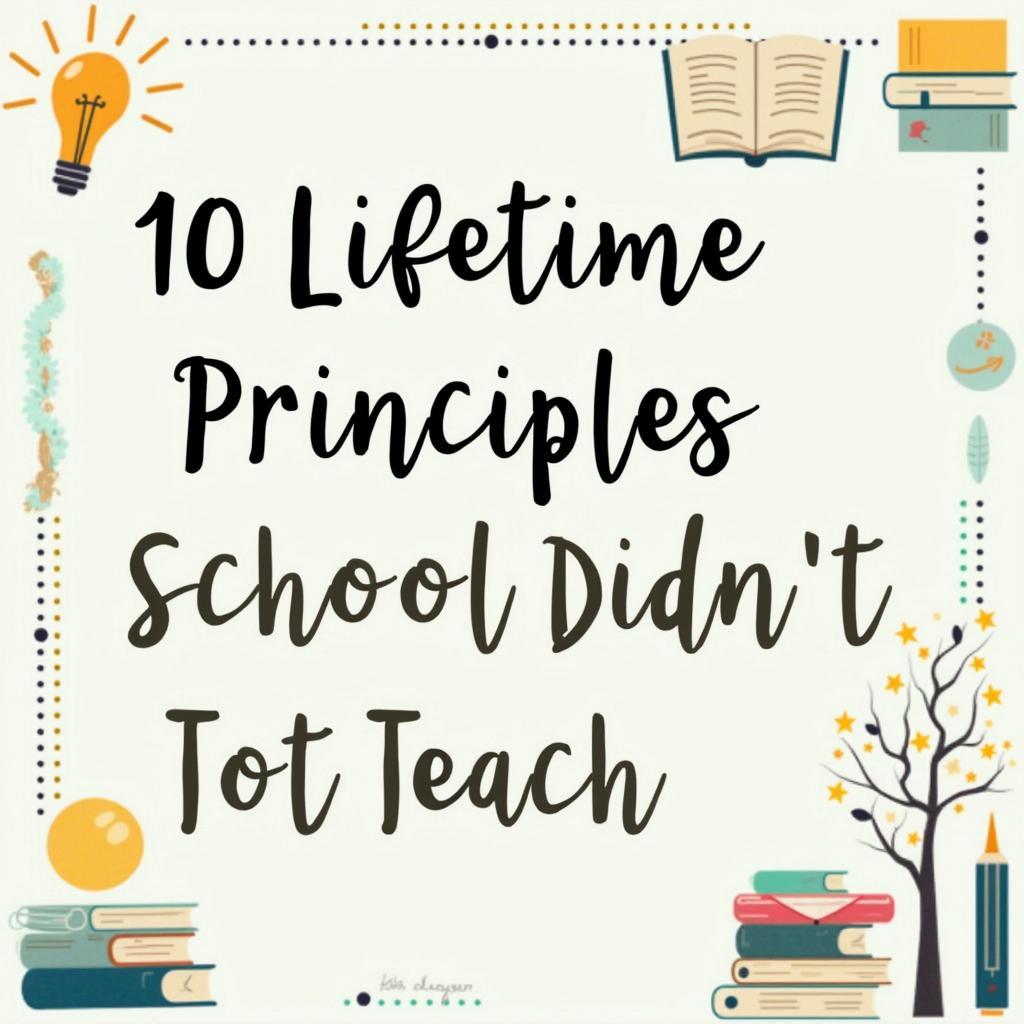 Create a modern and engaging blog cover for '10 Lifetime Principles School Didn't Teach You,' featuring elements of wisdom and growth, with a clean layout, vibrant colors, and easy-to-read fonts to attract likes and views