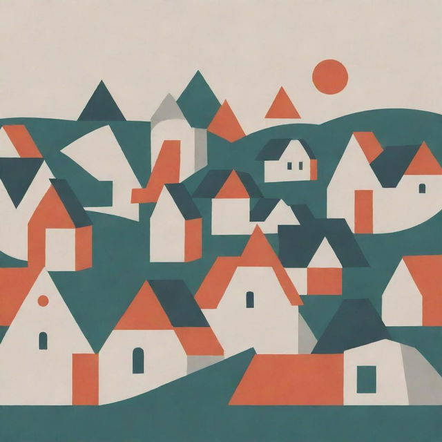 A minimalist village composed of simple shapes such as triangles, rectangles and circles, with only a few houses.