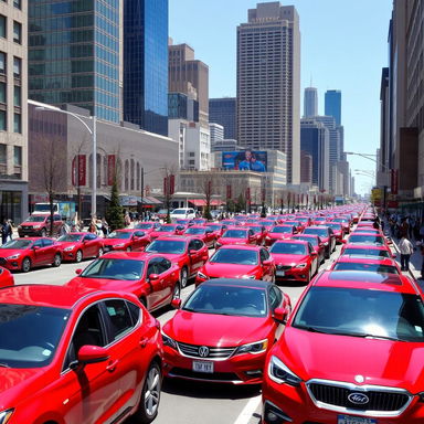 A bustling city street filled with vibrant red cars