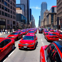 A bustling city street filled with vibrant red cars