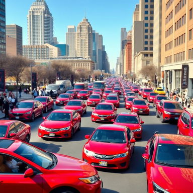 A bustling city street filled with vibrant red cars