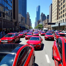 A bustling city street filled with vibrant red cars