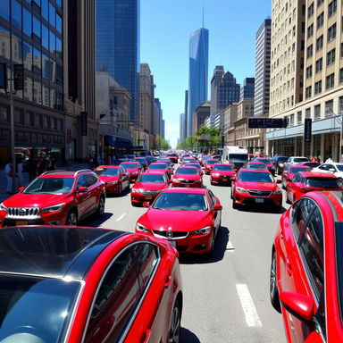 A bustling city street filled with vibrant red cars