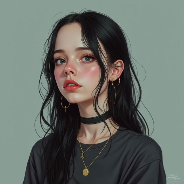 A realistic portrait of Billie Eilish with her iconic style and signature hair color, set against a neutral background with soft lighting