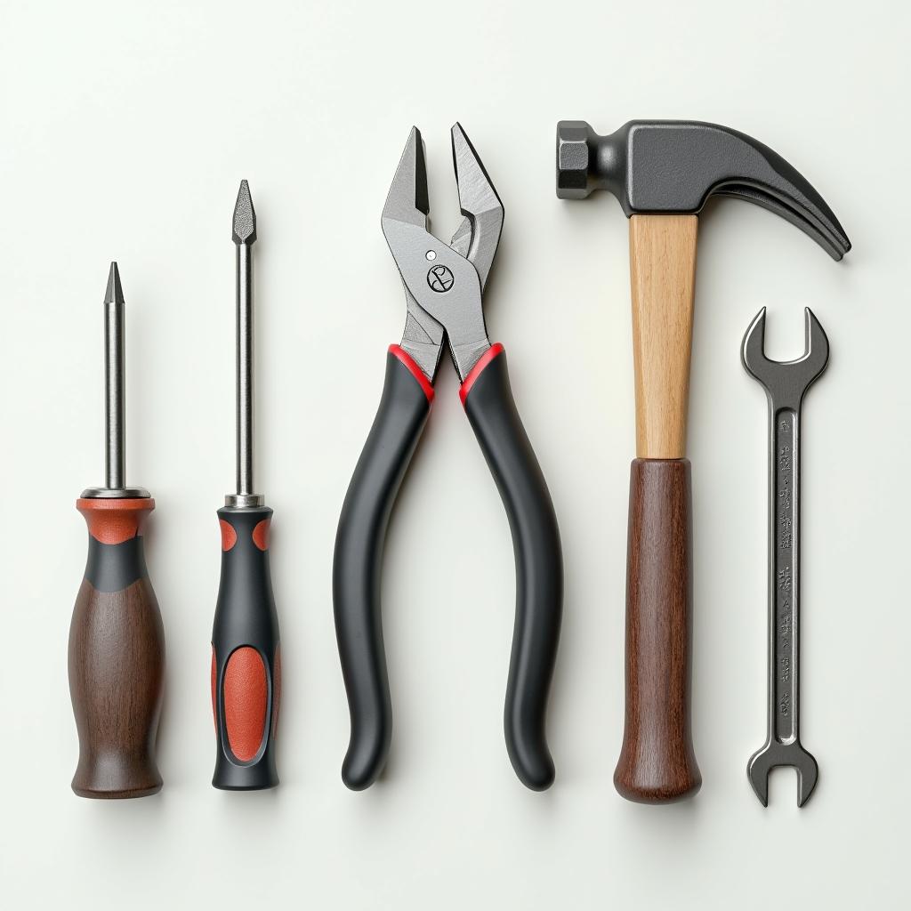 An image featuring a pair of pliers, a screwdriver, a hammer, and a spanner laid out side by side with a simple background.