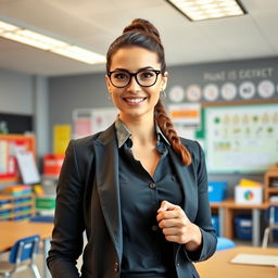 A stylish and attractive teacher standing in a modern classroom, dressed in professional attire with a confident and friendly expression