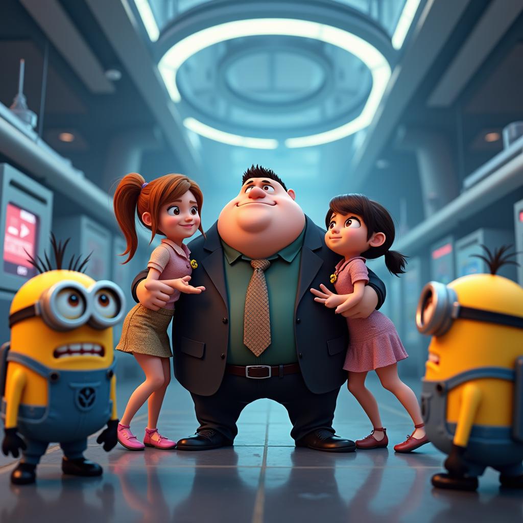 A scene from the hypothetical movie 'Despicable Me 5' featuring Gru, his three daughters, and the Minions in a high-tech laboratory