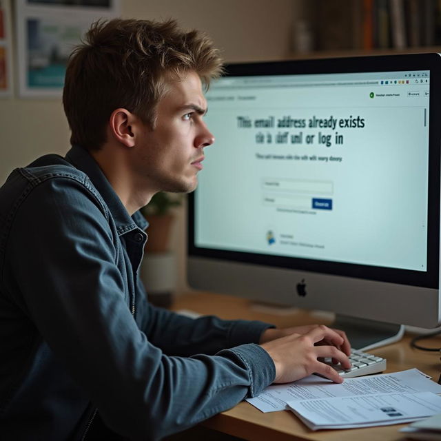 A frustrated person at their computer, seeing a message about an existing email address