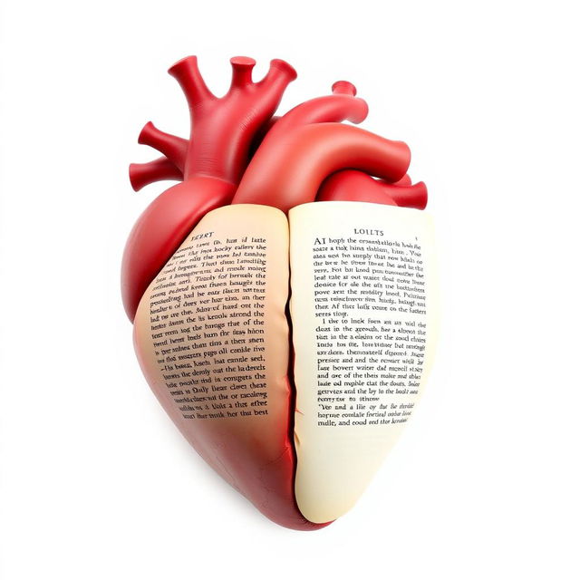 A realistic heart where one half is transformed into a book