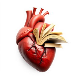 A realistic open heart with books emerging from its interior