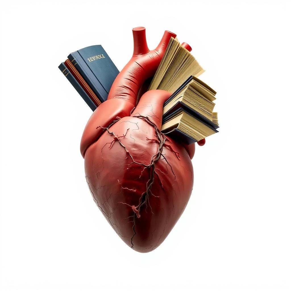 A realistic heart that appears lifeless, with books being inserted into it, causing it to revive