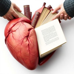 A realistic heart that appears lifeless, with books being inserted into it, causing it to revive