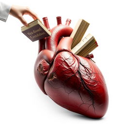 A realistic heart that appears lifeless, with books being inserted into it, causing it to revive