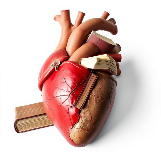 A realistic heart that appears lifeless, with books being inserted into it, causing it to revive