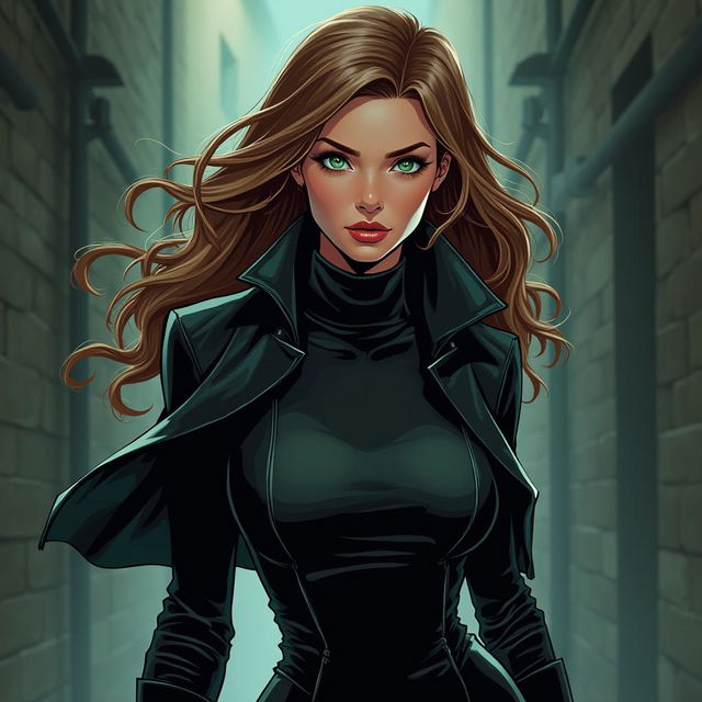 A comic-style image of a tall, attractive Russian female agent with brown hair, green eyes, and black agent clothes in a high-stakes mission setting