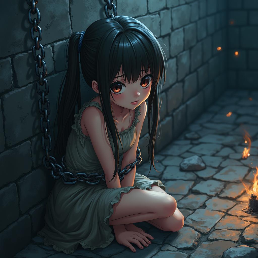 An anime girl is chained in a dark, medieval dungeon, conveying a sense of despair and determination