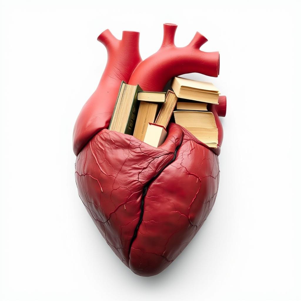 A realistic heart where one half is filled with books inside, symbolizing knowledge and life, while the other half appears lifeless and dead