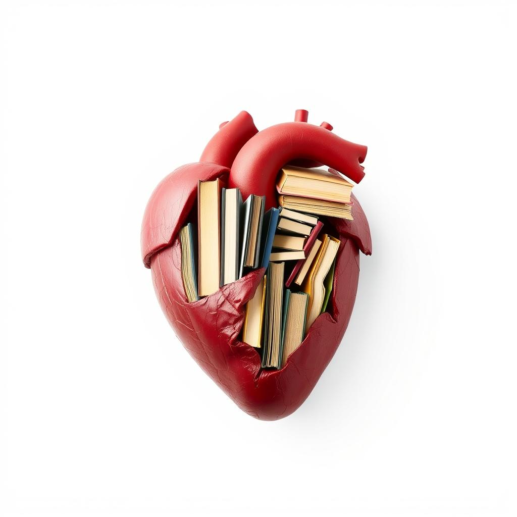 A realistic heart where one half is filled with books inside, symbolizing knowledge and life, while the other half appears lifeless and dead