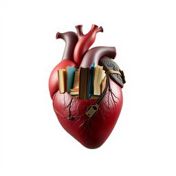 A realistic heart where one half is filled with books inside, symbolizing knowledge and life, while the other half appears lifeless and dead