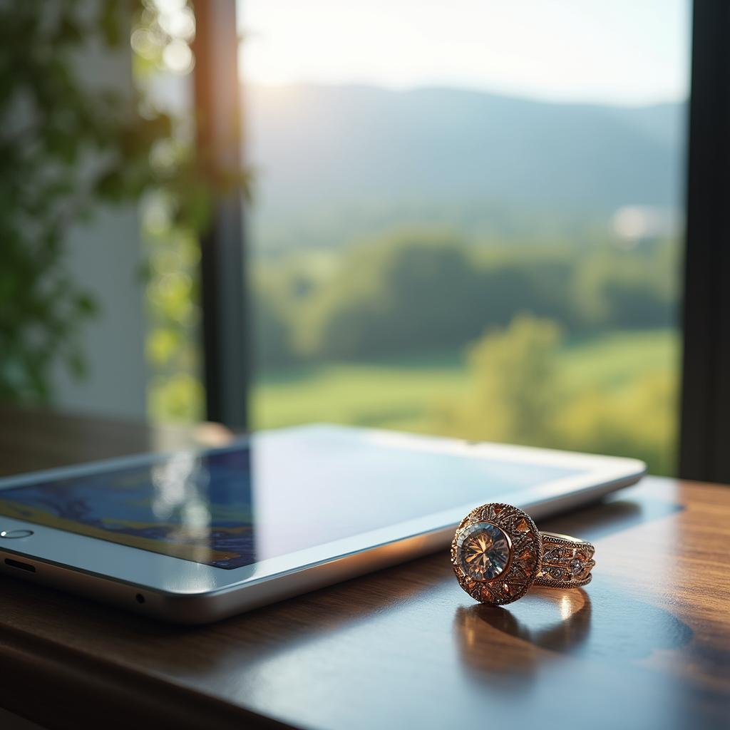 An image with a shining ring, a modern tablet, and a large window showcasing a scenic view.