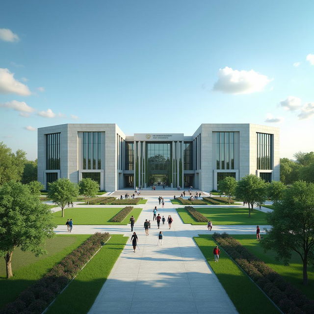 A high-quality, detailed, and realistic image of the Iran University of Science and Technology (IUST) featuring its main building, lush green landscapes, and an overall atmosphere of academic excellence