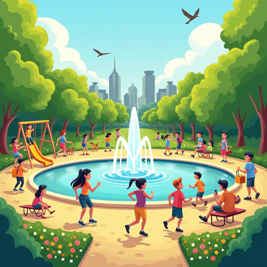 A vibrant cartoon-style image of a sunny day in a bustling city park with people enjoying various activities, lush greenery, and a joyful atmosphere