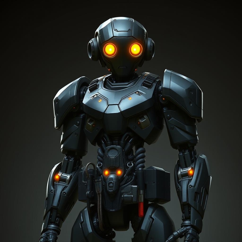 A Dungeons & Dragons robot engineer with a sleek black titanium body and glowing golden eyes