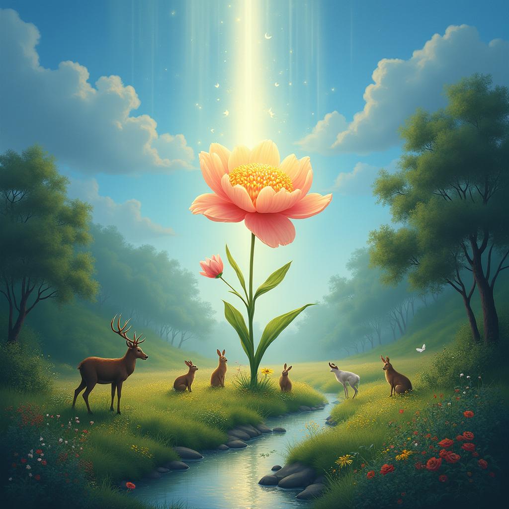 A serene meadow with a miraculous, glowing flower at its center, surrounded by woodland creatures under a clear blue sky.