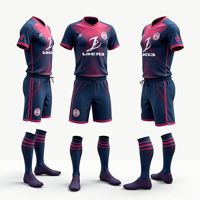 Design a professional sports team uniform including a jersey, shorts, and socks with a cohesive color scheme and modern design elements