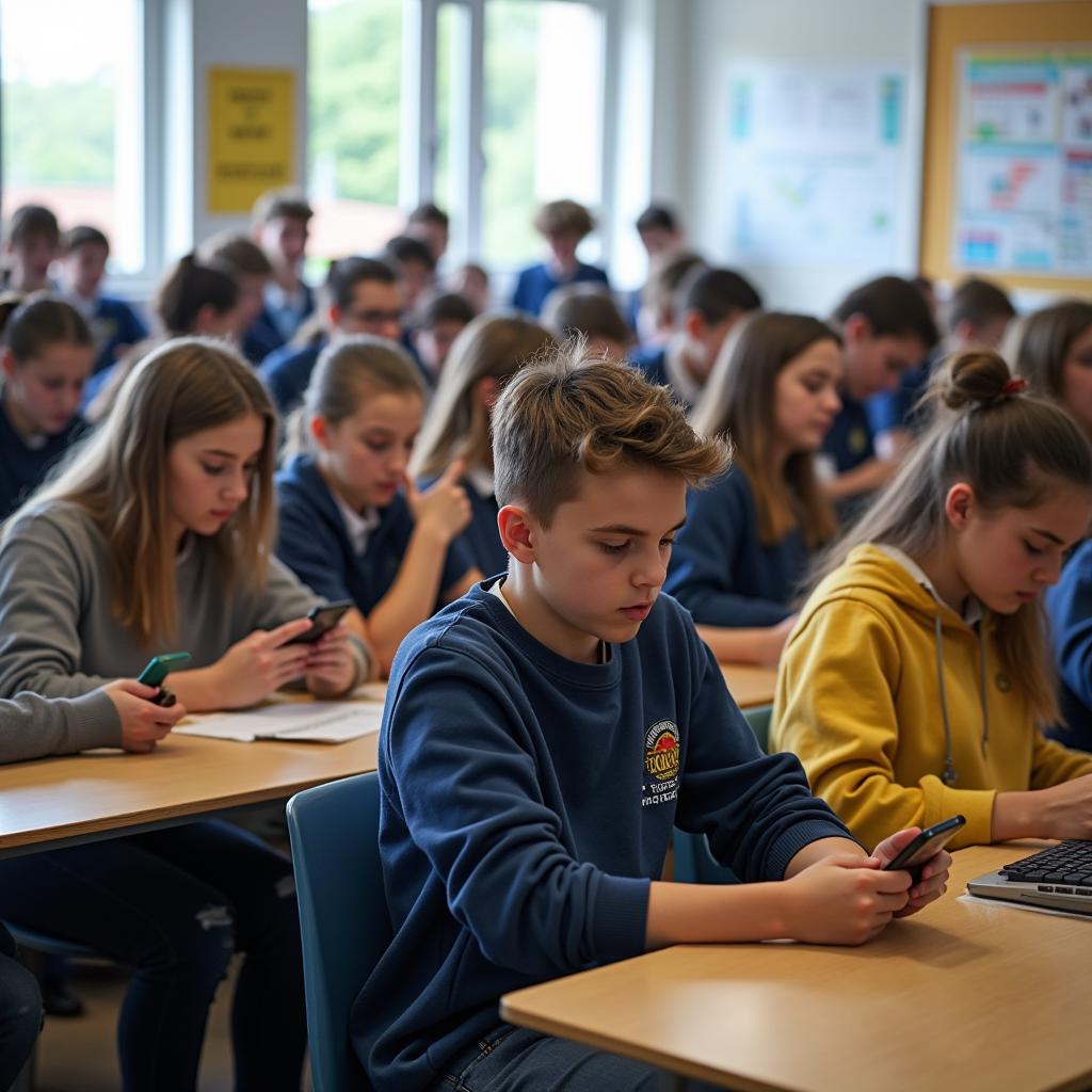 Students in a school classroom, focused on their mobile phones