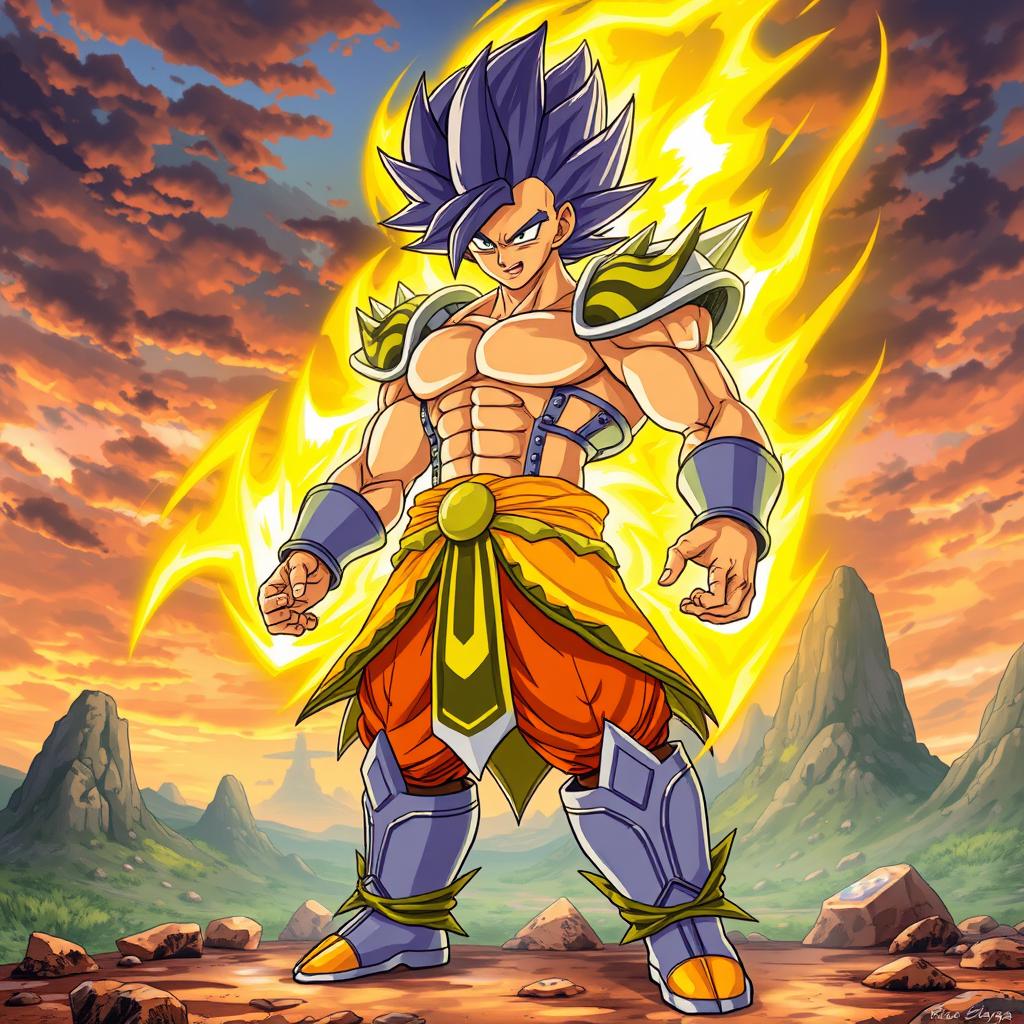 A powerful Saiyan warrior standing in a dynamic battle pose with a glowing aura, surrounded by a dramatic landscape