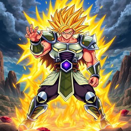 A powerful Saiyan warrior standing in a dynamic battle pose with a glowing aura, surrounded by a dramatic landscape