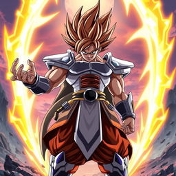 A powerful Saiyan warrior standing in a dynamic battle pose with a glowing aura, surrounded by a dramatic landscape