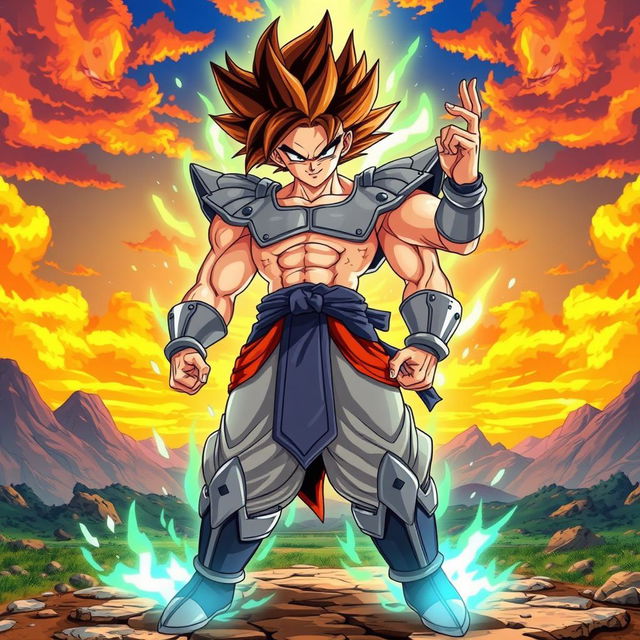 A powerful Saiyan warrior standing in a dynamic battle pose with a glowing aura, surrounded by a dramatic landscape